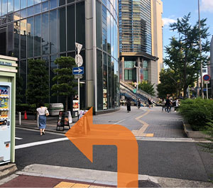 Go past one building and turn left before the building with large glass windows (Umeshin Dai-ichi Seimei Building).